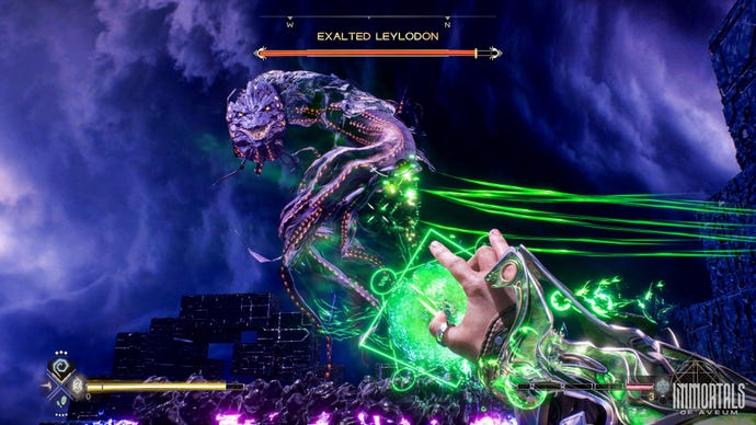 A screenshot from Immortals Of Aveum which shows a green spell being slung at a a large serpent/dragon called Exalted Leylodon.
