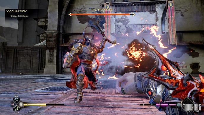 A screenshot from Immortals Of Aveum which shows the player readies a fire spell to sling at The Morbane, a big armored fella with an axe in hand.