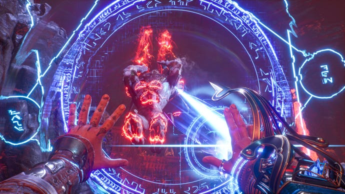 Throwing up a magic shield and firing through it at a giant fiery enemy in Immortals Of Aveum