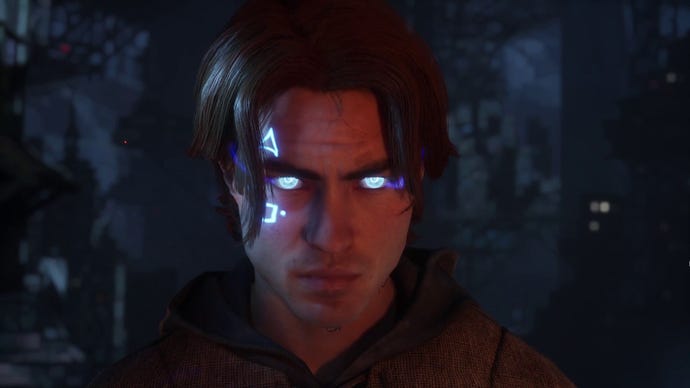 Jak, protagoniste d'Immortals Of Aveum, est tout en colère et son tatouage sur le visage et ses yeux brillent d'un bleu brillant.