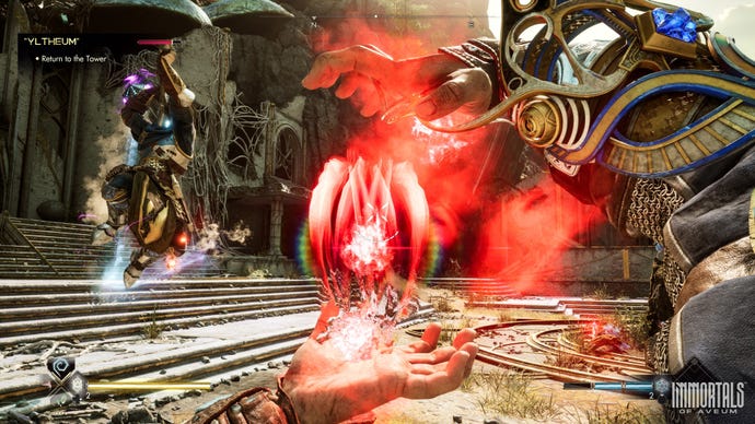 A red spell being conjured in Immortals Of Aveum, as an armored knight jumps through the air and slings an axe at the player.