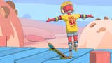An OlliOlli World character standing with arms spread in a T pose. Their skin is red, their clothes are bright yellow, and the floor is bright blue. Behind them is a cream and blue-coloured desert world.
