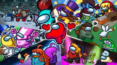 Among Us beans dressed in various skins relating to indie games Celeste, Crypt of the NecroDancer, A Hat in Time, Behemoth, Castle Crashers, Alien Hominid, Undertale, and Untitled Goose Game