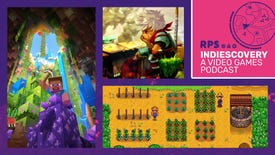 Four images from Episode 6 of the Indiescovery podcast. Clockwise from left: Minecraft Steve poses atop a pile of amethyst in a cave against the light from a distant sky; The Kid from Bastion sits deep in thought; the Indiescovery podcast logo, stylised as an in-game mini-map; and the farm from Stardew Valley.