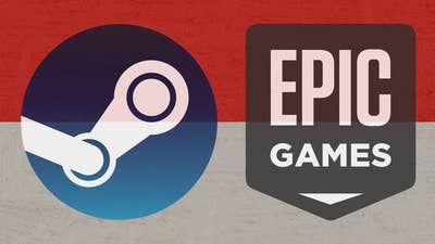 Steam and Epic Games logos against the Indonesdian flag