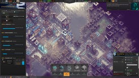 Industries Of Titan - A top-down view of the city on Titan, showing an interface for selecting a power structure to build and another panel tracking migrant ships from other planets such as Earth, Mars, and Jupiter.