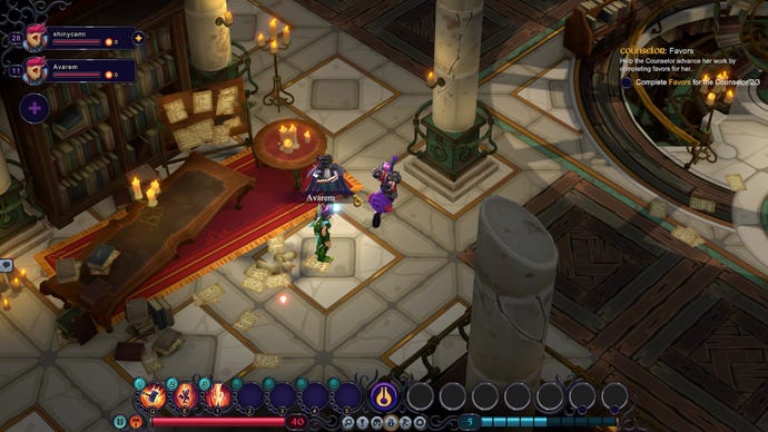 Ein Spieler interagiert mit einem NPC im Hub-Bereich von Inkbound, Aetheneum.