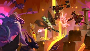 A colourful piece of concept art showing a trio of fantasy heroes leaping towards a horde of shadowy beasts.