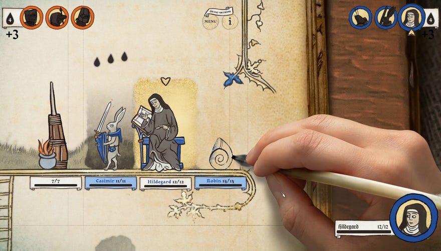 Inkulinati - A real human hand draws medieval art in a book. Nuns and armed hares are dressed in blue and have names and stats for a turn-based game.