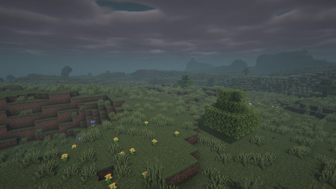A foggy Minecraft plains biome.