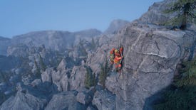 A screenshot of Insurmountable showing a man in red climbing gear clinging to the side of a mountain with a vista stretching behind him.