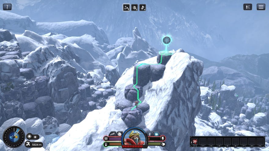 A screenshot of Insurmountable, a roguelike about climbing a mountain, showing a snowy mountain made of hexes with a route plotted by a line towards the mountain's peak.