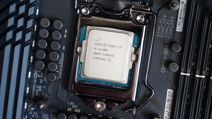 Intel's Core i5-11400F processor seated on a motherboard
