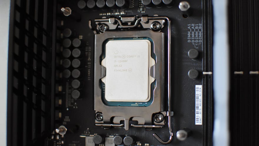 The Intel Core i5-12400F CPU installed in an LGA 1700 motherboard socket.