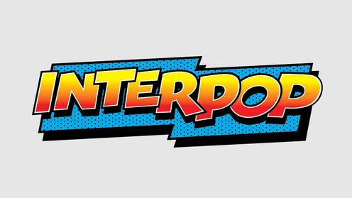 Interpop logo in yellow and red gradient over blue background