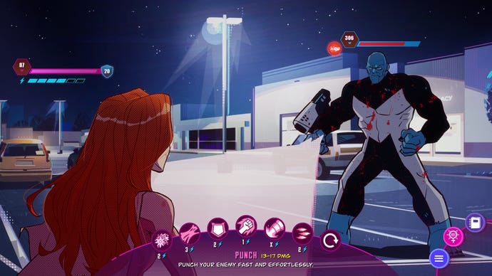 Invincible Presents : gameplay d'Atom Eve montrant son combat léger au tour par tour alors qu'Eve affronte un ennemi