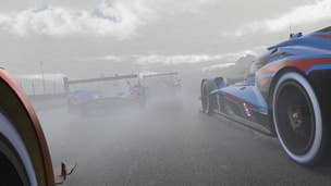 Some prototypes racing in the rain in iRacing.