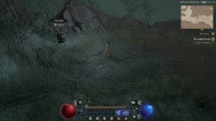 Diablo 4 iron ore location: An animated man wearing long, pink-and-green clothing is standing in an empty snowfield, with a large rock node in front of him