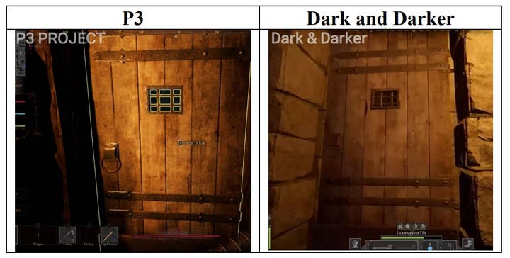 Two images of a torch-lit wooden door, the left is labelled P3, the right Dark and Darker
