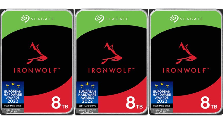 a trio of seagate ironwolf hard drives marked with an 8tb label