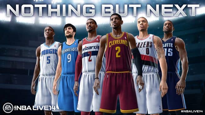NBA Live 14 promo art featuring Kyrie Irving, John Wall, Kemba Walker, Damian Lillard, Victor Oladipo, and Ricky Rubio
