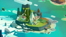 A pretty illustrative image of a small island with a few buildings on it, as if seen from slightly above the clouds. The cloud drifting by is blocky - it's a kind of low-fi representation of a scene.