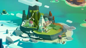 A pretty illustrative image of a small island with a few buildings on it, as if seen from slightly above the clouds. The cloud drifting by is blocky - it's a kind of low-fi representation of a scene.