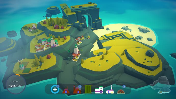 A screenshot of the game Isanders, a low-fi, chill, building game. Here we see a small island dotted with a few buildings. It's idyllic.