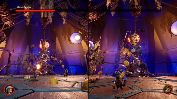 A split screen boss fight in It Takes Too, against a giant robotic wasp queen. On the right side, Cody is firing yellow blobs of nectar at a swarm of wasps. On the right side, May is aiming a match and preparing to fire to ignite the nectar.