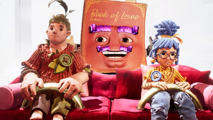 The playable characters of It Takes Two sitting on a sofa, Cody on the left and May on the right, with the Book Of Love Dr. Hakim in the middle of them