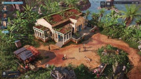 Mercenaries gather around an ornate mansion in the jungle in Jagged Alliance 3