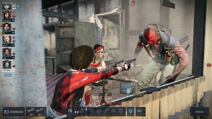 En fighter riktar två pistoler mot en man med röd ansiktsfärg i Jagged Alliance 3