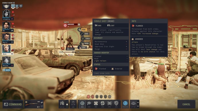 Text boxes show the stats of a successful headshot fired by a player character in Jagged Alliance 3