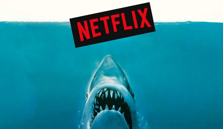 Cropped Jaws poster featuring the Netflix logo where the woman swims