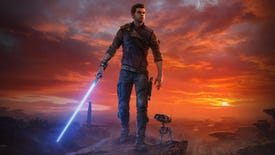 Cal Kestis stands on a rock with BD-1 in Star Wars Jedi: Survivor, with an ignited blue lightsaber in his hand and a sunset in the distance behind him.