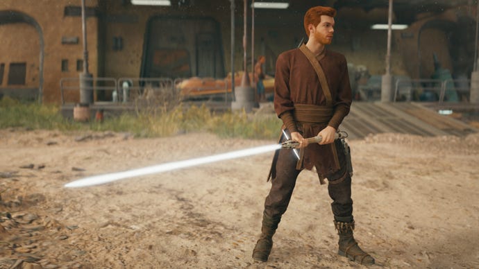 Cal stands outside Pyloon's Saloon holding a white crossguard lightsaber in Star Wars Jedi: Survivor.