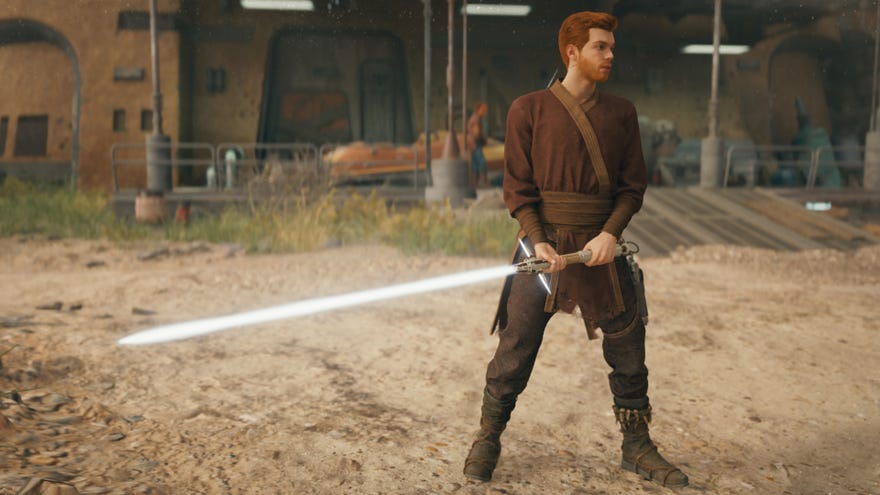 Cal stands outside Pyloon's Saloon holding a white crossguard lightsaber in Star Wars Jedi: Survivor.