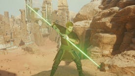 Cal holds his green double-bladed lightsaber ready to defend himself on the desert planet of Jedha in Star Wars Jedi: Survivor.