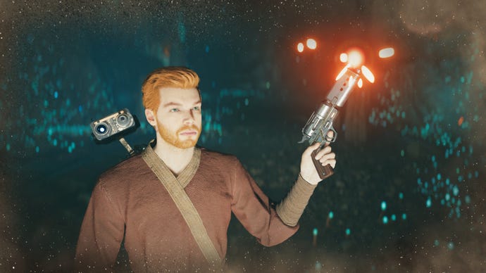 Cal holds his charged blaster pistol up in a glowing cave in Star Wars Jedi: Survivor.