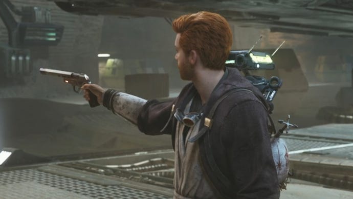 Cal raises his newly obtained blaster and aims it offscreen in a cutscene for Star Wars Jedi: Survivor.