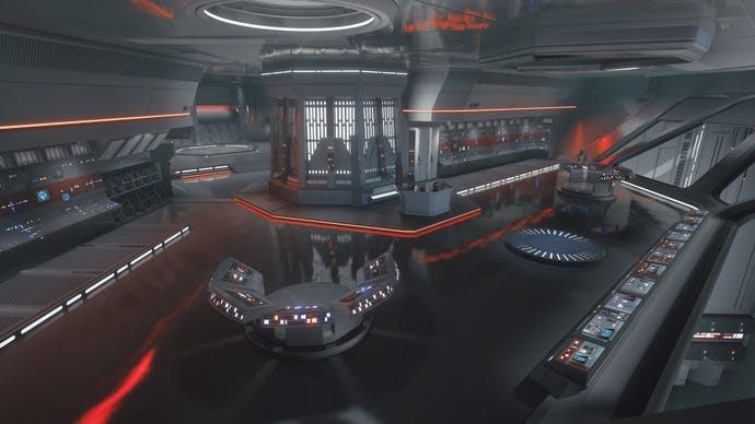 La sala de Comando Central en Nova Garon en Jedi: Survivor, una sala llena de muchas terminales.