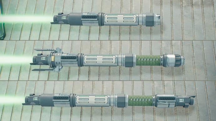Three screenshots of a green lightsaber design in Jedi: Survivor in different stances. From top to bottom: Single, Crossguard, Double-Bladed.