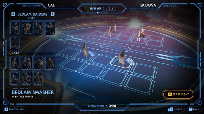 A game of Holotactics in Jedi: Survivor. The player puts down two Bedlam Smashers on their side of the board to defeat the enemy's Shield Troopers and Heavy Assault Troopers.