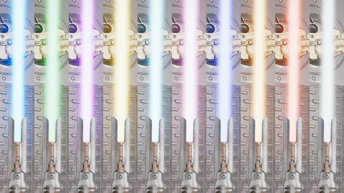 All of the different lightsaber colors in the game, shown side-by-side.