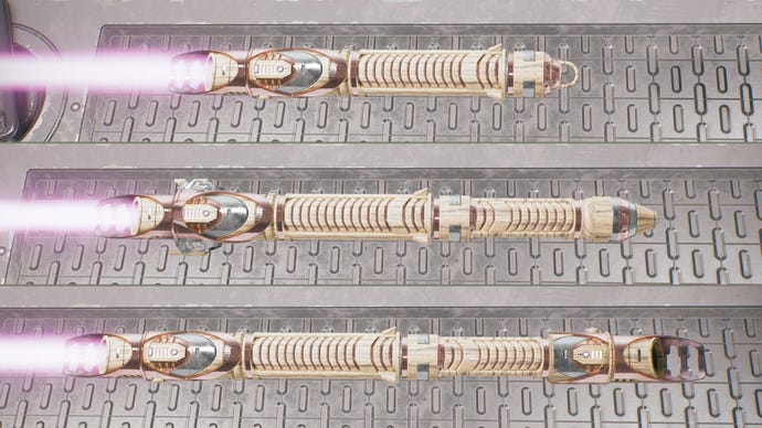 Tres capturas de pantalla de un diseño de sable de luz magenta en Jedi: Survivor en diferentes posiciones.  De arriba a abajo: Simple, Crossguard, Doble hoja.