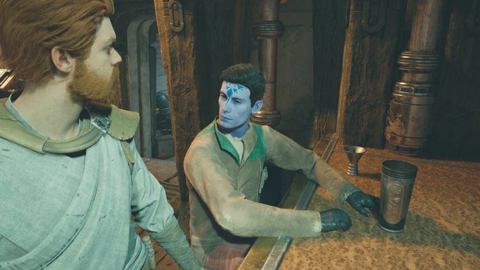 Cal converses with Moran at the Pyloon's Saloon bar in Jedi: Survivor.