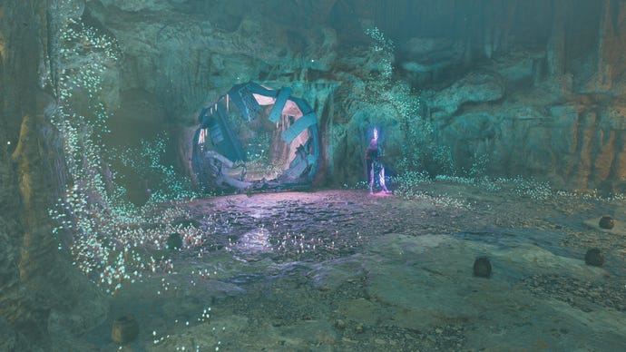 An establishing shot of the Phon'Qi Caverns on Koboh in Jedi: Survivor, where a Magnaguard guards the entrance to another portion of the caverns.