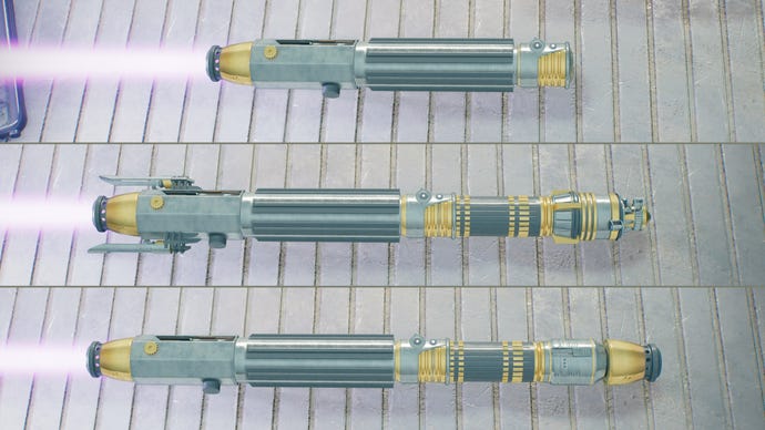 Three screenshots of a purple lightsaber design in Jedi: Survivor in different stances. From top to bottom: Single, Crossguard, Double-Bladed.