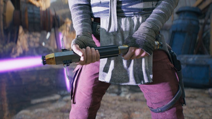A close-up screenshot of a purple-bladed lightsaber in Cal's hands in Jedi: Survivor.