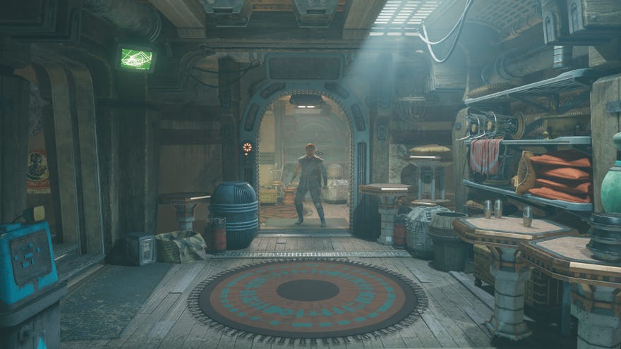 A screenshot of a back room in Pyloon's Saloon in Jedi: Survivor, where Cal and BD-1 are standing in the doorway of a door that spends much of the game locked.